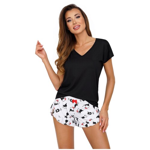фото Пижама женская donna cats, футфолка и шорты, черный, хлопок 100% (размер: l)