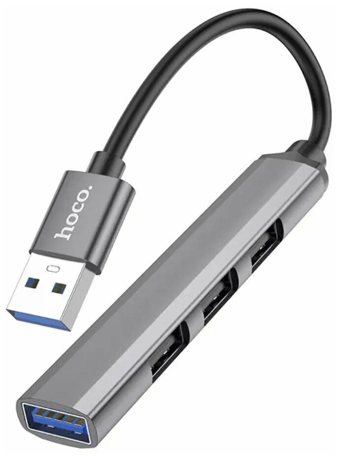 HUB хаб USB 4в1 Hoco HB26 в металлическом корпусе / Type-С разветвитель 13 см кабель / Концентратор 4 USB / USB 3.0 хаб / серебристый