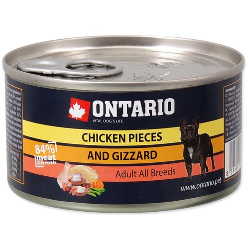 Корм Ontario Chicken Pieces & Gizzard (консерв.) для собак, кусочки курицы и куриные желудки, 200 г x 16 шт