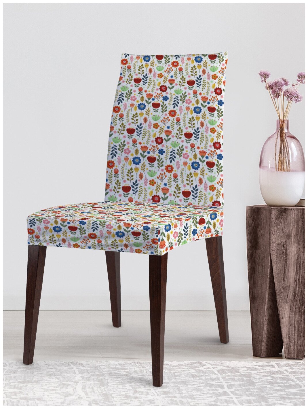 Декоративный чехол на стул JoyArty "Разноцветная поляна цветов" со спинкой велюровый