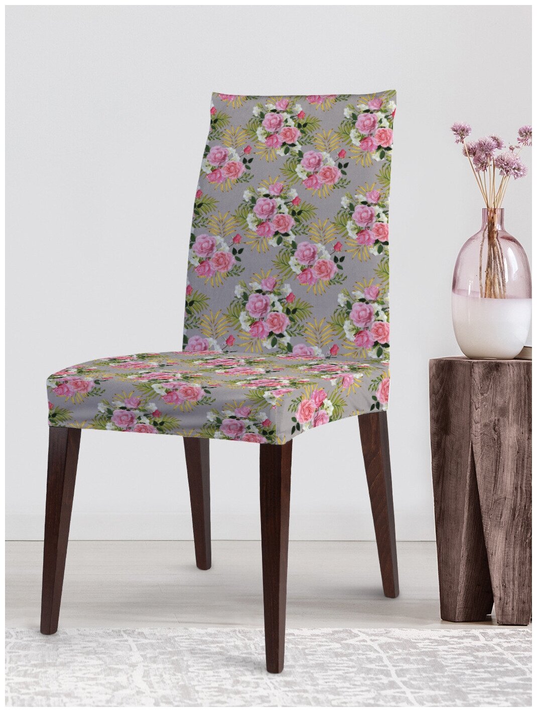 Декоративный чехол на стул JoyArty "Большие розовые букеты" со спинкой велюровый