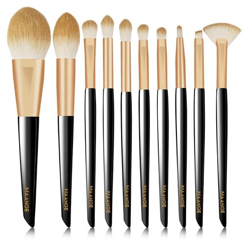 Набор 10 кистей для макияжа с деревянной ручкой, Maange (товары для красоты, черный/бежевый, 32808)