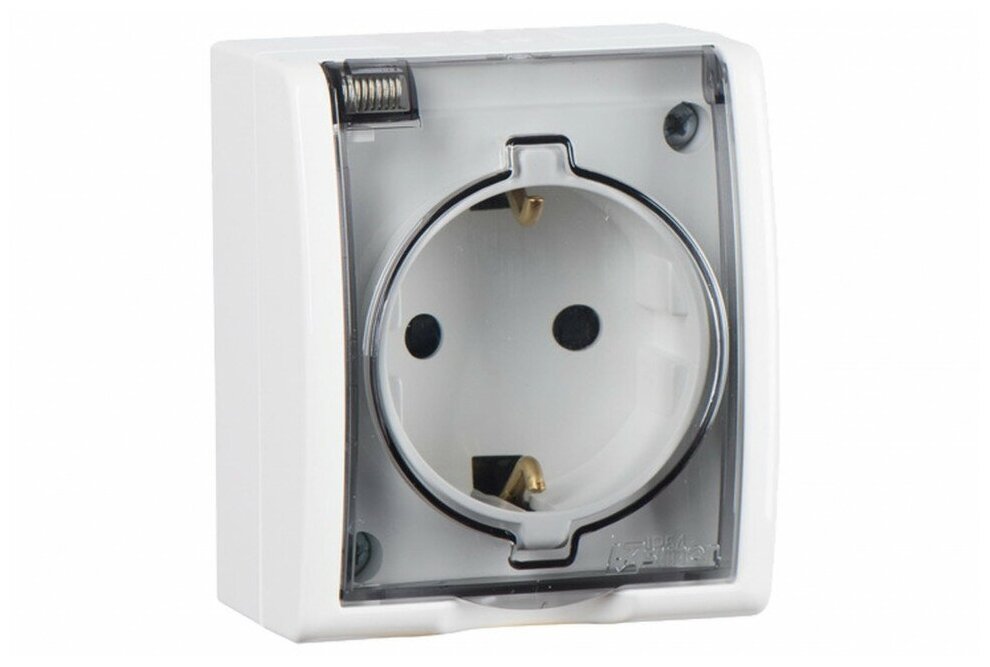 фото Simon 15 Aqua Белая Розетка 1-ая с/з с крышкой наружная, IP54