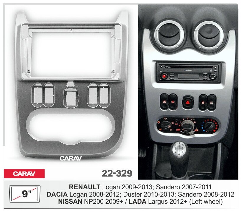 Переходная рамка 9" Android для а/м RENAULT Logan 2009-13; Sandero 2007-11 / DACIA Logan 2008-12, Duster 2010-13 / NISSAN NP200 2009+ CARAV 22-329