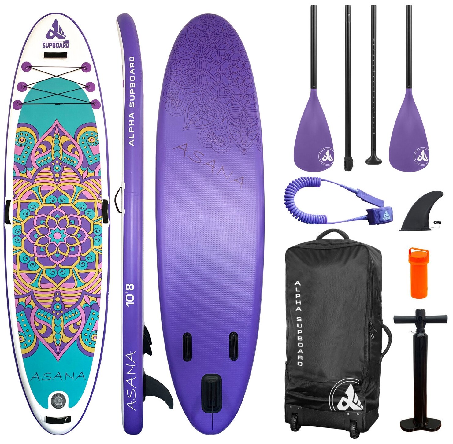 Надувная SUP-доска Alpha Supboard ASANA-10.8 COMFORT TURQUOISE (330 x 86 x 15 см) с насосом, веслом и страховочным лишем