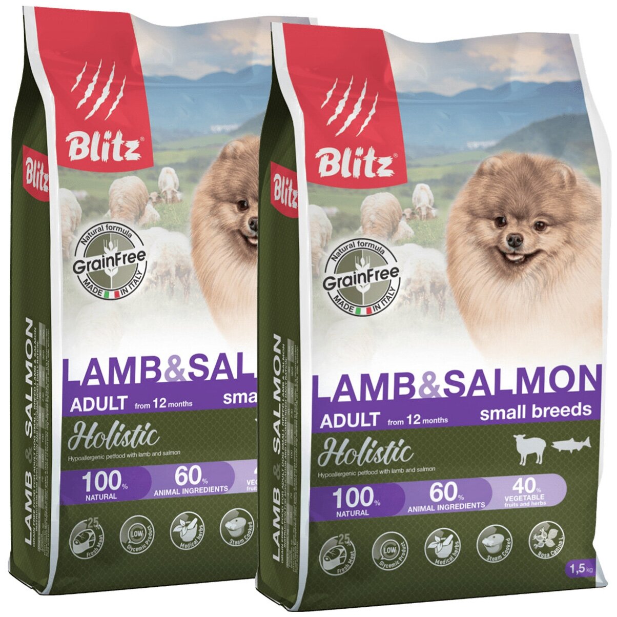 BLITZ HOLISTIC GRAIN FREE ADULT SMALL BREEDS LAMB & SALMON беззерновой для взрослых собак маленьких пород с ягненком и лососем (1,5 + 1,5 кг)