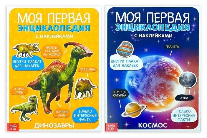 Книжки с наклейками Буква-ленд "Энциклопедии о динозаврах и космосе", 2 штуки по 8 страниц (4279907)