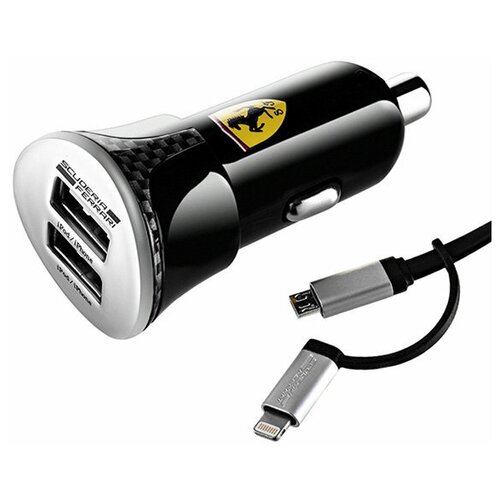 Комплект Ferrari Bundle Carbon автозарядка 2 USB + кабель MFI Lightning/micro USB, черный зарядка в прикуриватель grain 2 usb 3 1a 5w черный