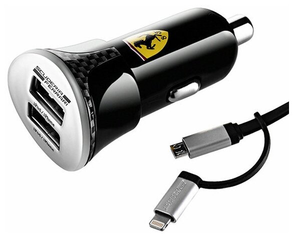 Комплект Ferrari Bundle Carbon автозарядка 2 USB + кабель MFI Lightning/micro USB, черный