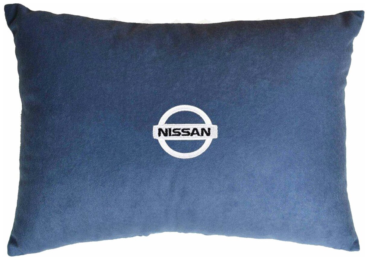 Декоративная подушка из велюра в салон автомобиля с логотипом (ниссан) "Nissan",/подушка в салон/подушка под спину/подушка для путешествий/, синий