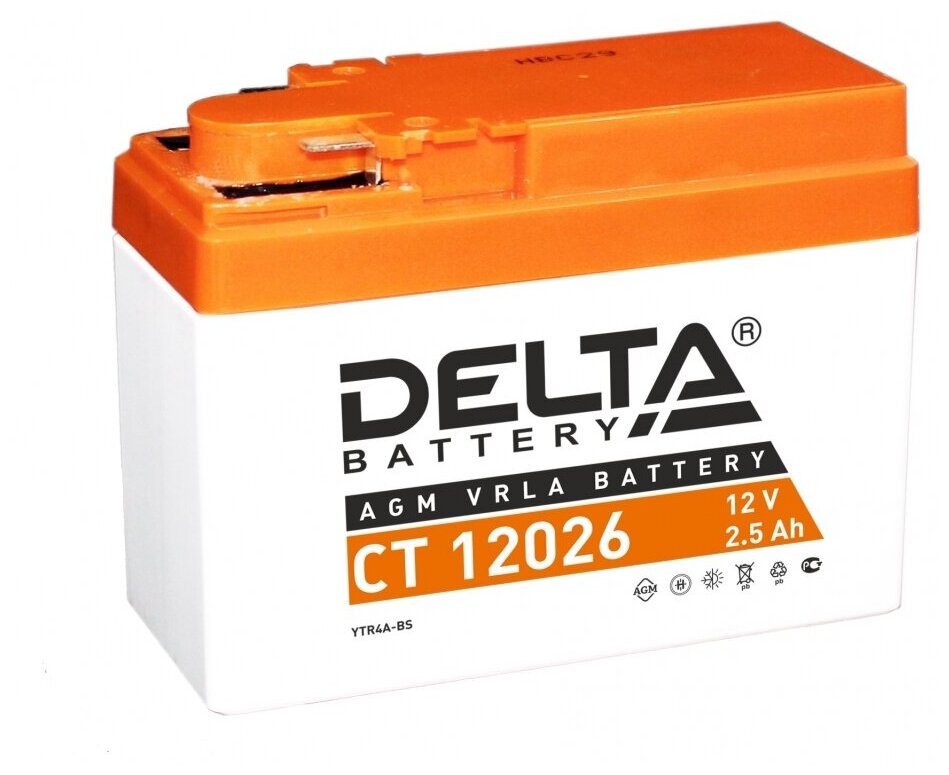 Аккумулятор для мотоцикла и скутера Delta CT12026 12V 2.5 А/ч 45 А обр. пол. залит/заряжен YTX4A-BS, YTR4R-BS (114х49х86) AGM VRLA