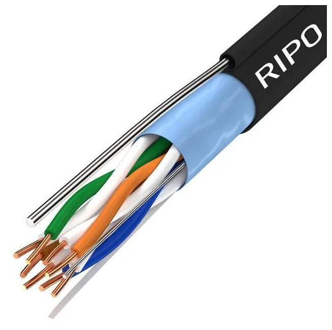 Кабель витая пара для локальной сети LAN FTP4 CAT5E 24AWG Cu PE Ripo outdoor с одножильным тросом уличный 25 метров 001-122025-25