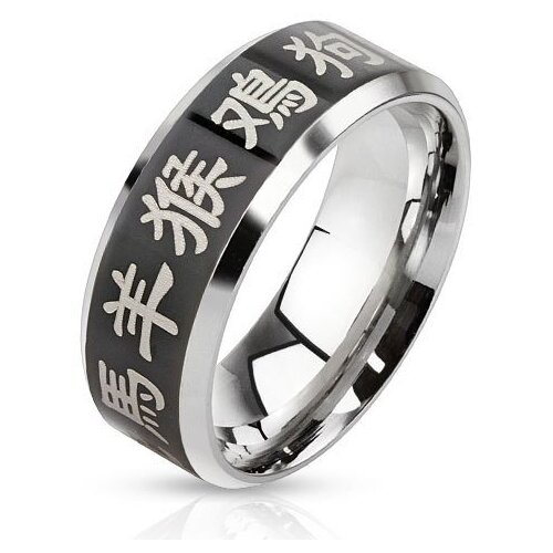 фото Кольцо spikes r-m3117-8 paula, черная полоса с лазерной гр. знаков китайского зодиака, нержавеющая, хирургическая сталь 316l, р-р 10, диаметр 20-20,5