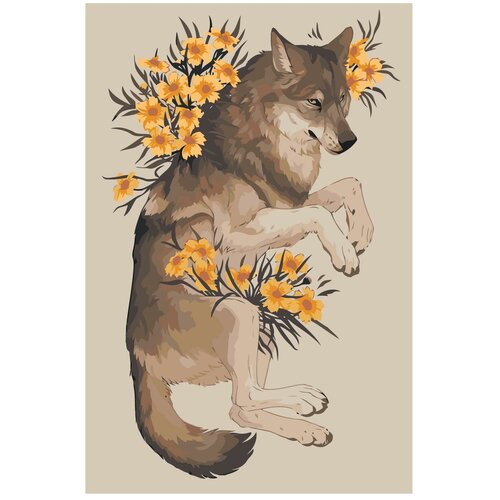 Волк с цветами Раскраска картина по номерам на холсте
