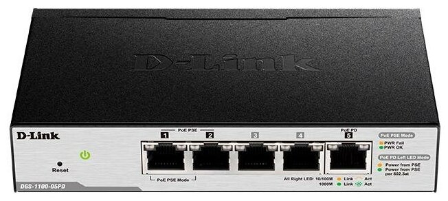 Сетевое оборудование D-Link DGS-1100-05PDV2A1A Настраиваемый L2 коммутатор с 5 портами 101001000Base-T 2 порта PoE 1 п