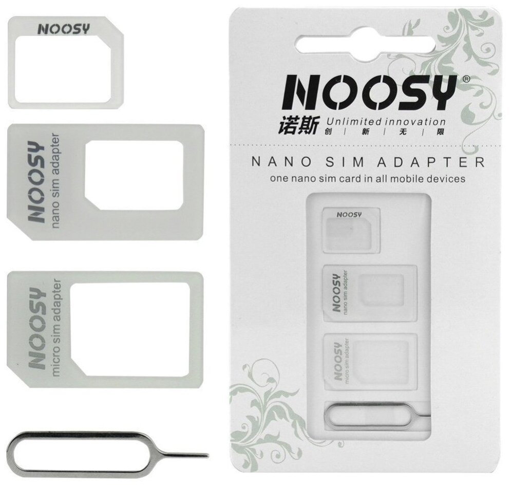 Адаптер для сим-карт Noosy 4в1 nanoSIM/microSIM/SIM/iPhone скрепка белый