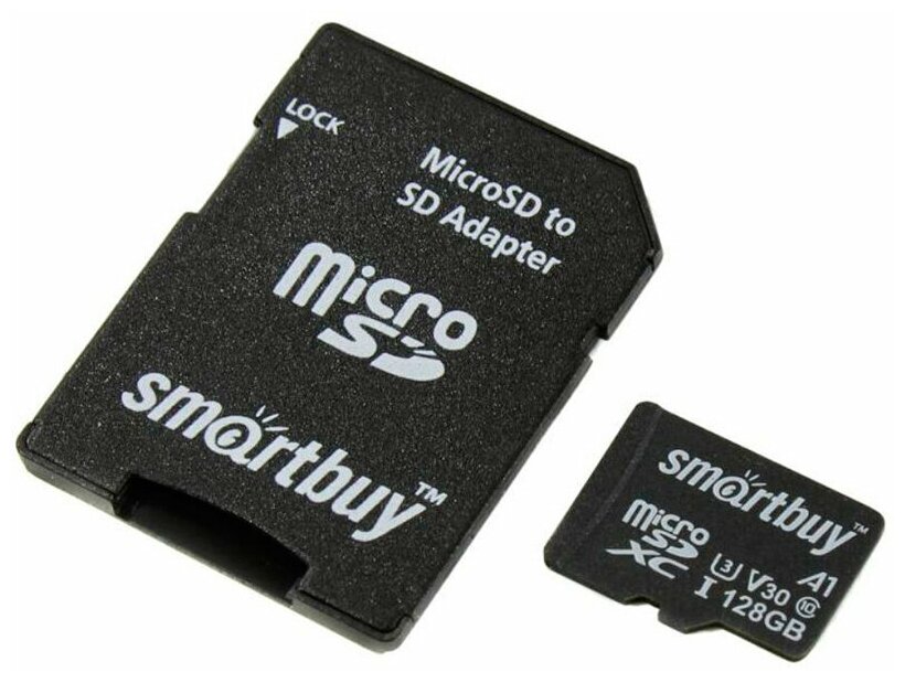 Карта памяти 128Gb - SmartBuy MicroSD Class 10 Advanced U3 V30 A1 SB128GBSDU1A-AD с адаптером SD