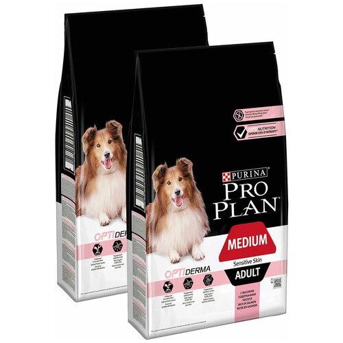 PRO PLAN ADULT DOG MEDIUM SENSITIVE SKIN для взрослых собак средних пород с чувствительной кожей с лососем и рисом (7 + 7 кг)