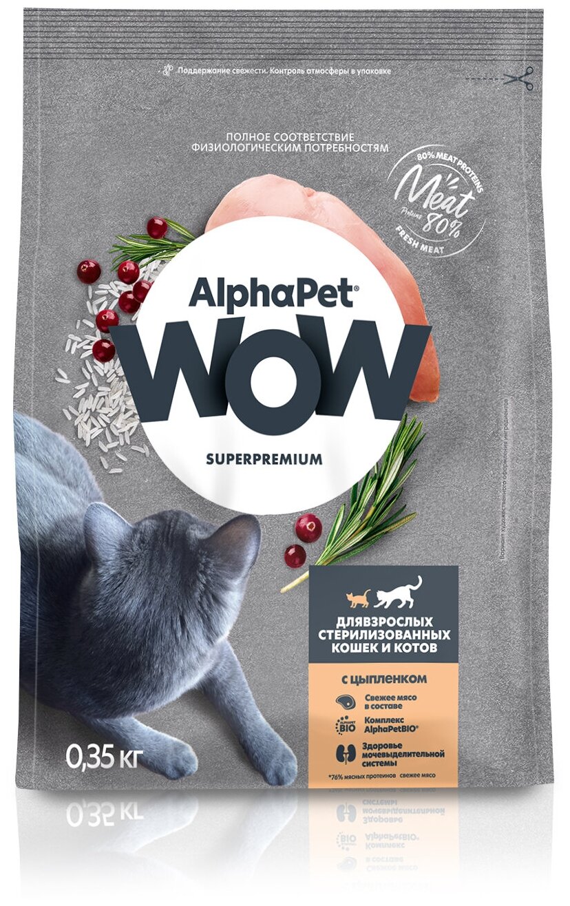 AlphaPet WOW Superpremium сухой полнорационный корм для взрослых стерилизованных кошек и котов c цыпленком - 350 г