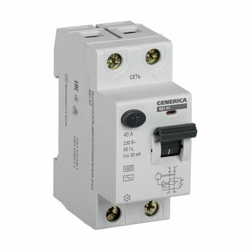 Выключатель дифф. тока УЗО IEK ВД1-63 Generica (MDV15-2-040-030) 40A тип C 4.5kA 30мА AC 2П 230В 2мод