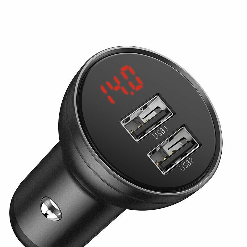 Автомобильное зарядное устройство BASEUS Digital Display Dual, 2*USB, 2.4A, 24W, серый, дисплей