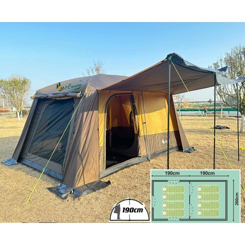 Палатка-шатер 2 слойная с тент навесом, палатка туристическая для кемпинга большая 8 местная