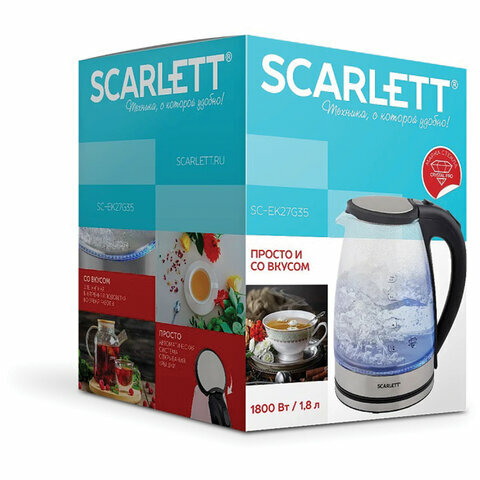 Чайник SCARLETT SC-EK27G35, 1,8 л, 1800 Вт, закрытый нагревательный элемент, стекло, стальной — фото 1
