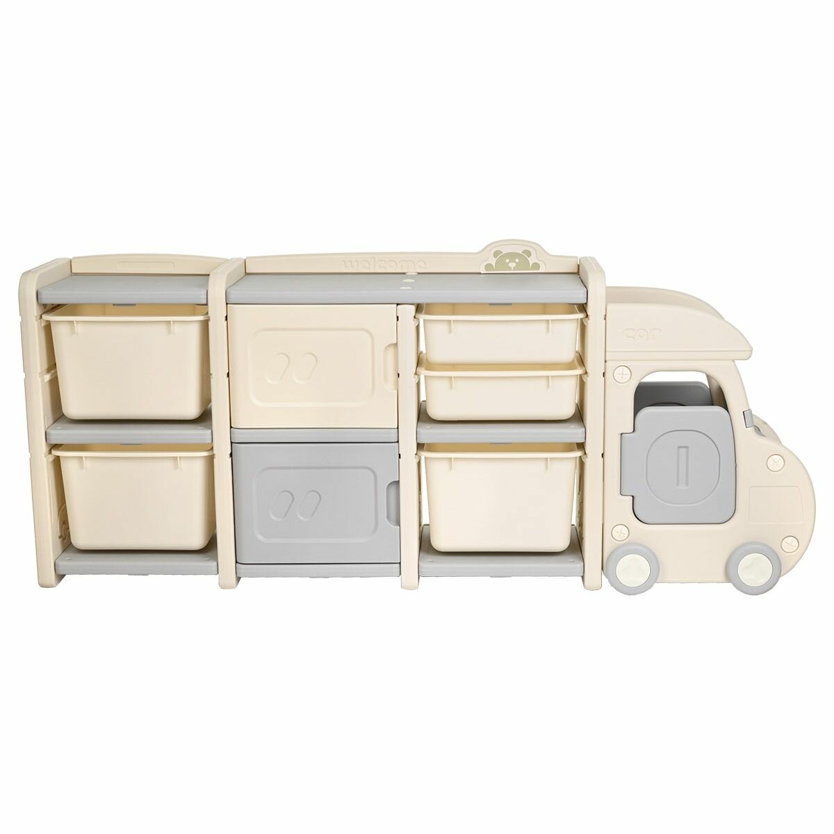 Стеллаж для игрушек в детскую Pituso "Машинка Max Gray", с ящиками, кабина на колесах, цвет светло-бежевый — фото 1