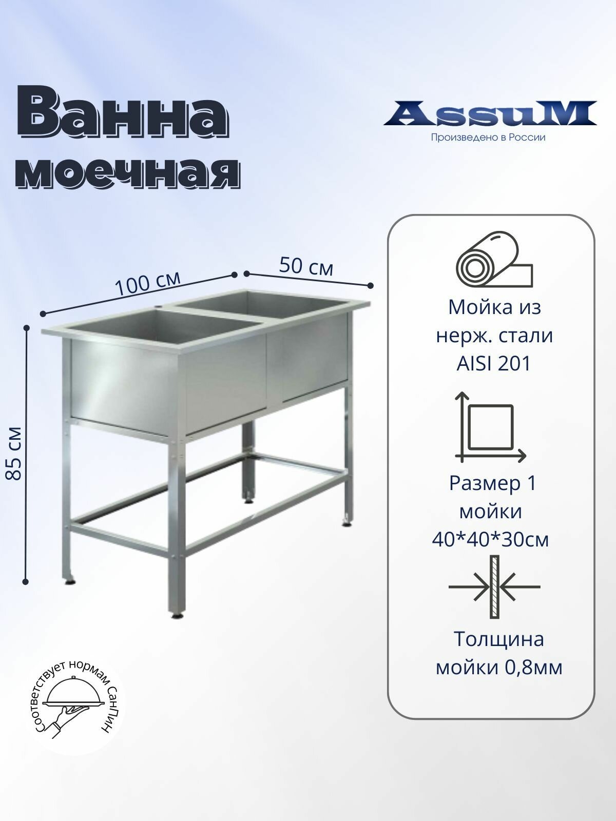Ванна моечная (мойка с бортом) 1000х500х850мм, из нержавеющей стали отверстием под смеситель, разборная