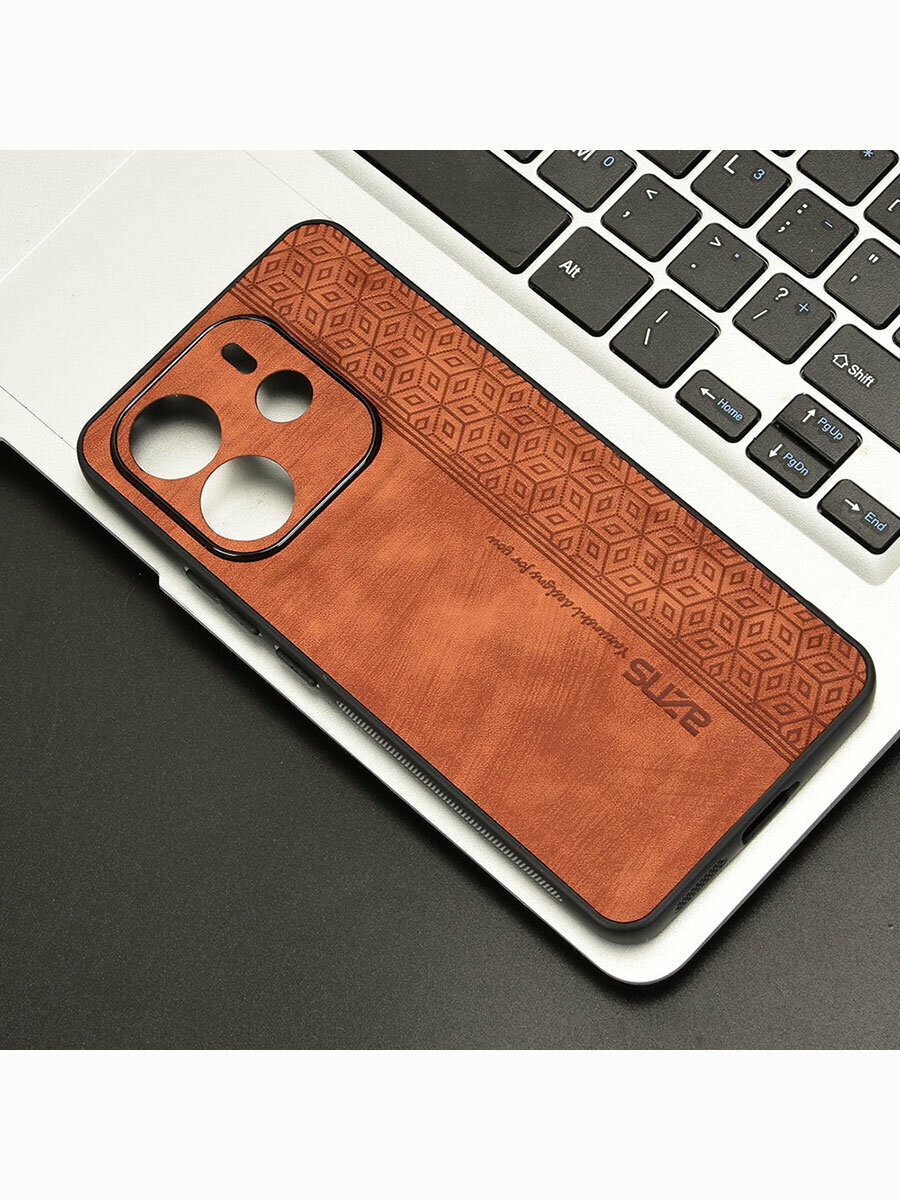 Изображение Чехол для Xiaomi Redmi Note 14 (4G) кожаный с тиснением / Сяоми Редми Ноут 14 4G с защитой камеры (коричневая)