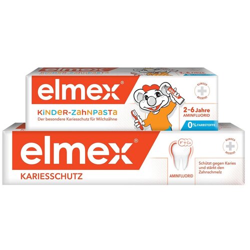 Купить Набор: Детская зубная паста Elmex для детей от 1 до 6 лет, 50 мл + Зубная паста Elmex Защита от кариеса, 75 мл