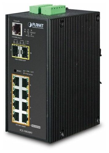 Коммутатор промышленный управляемый Planet IGS-10020PT 8x101001000T 8023af PoE 2x1001000X SFP с расширенным диапазоном рабочих температур 59051₽