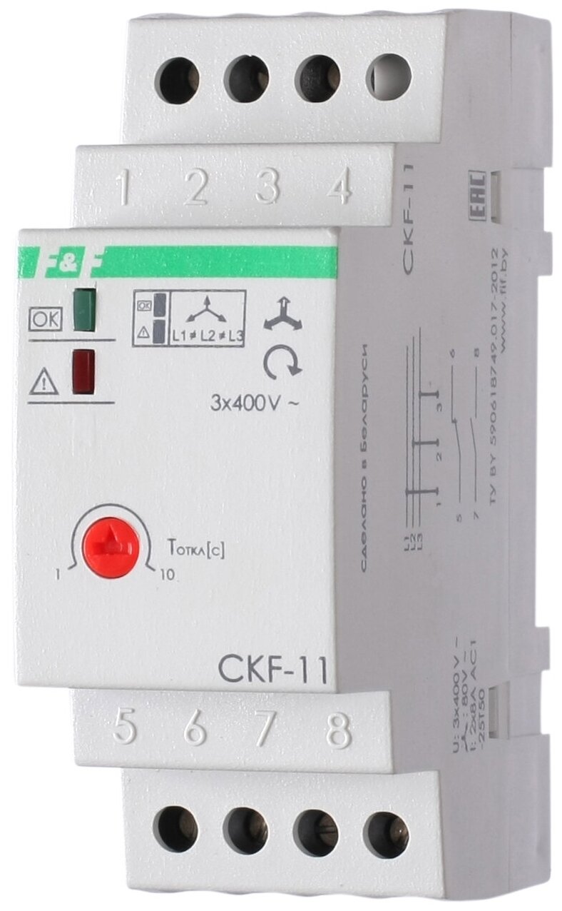 Реле контроля фаз для сетей с изолированной нейтралью CKF-11 (монтаж на DIN-рейке 35мм; регулировка задержки отключения; контроль чередования фаз; 3х400В 8А 1Z 1R IP20)(аналог ЕЛ-11Е) F&F EA04.004.003 (3шт. в упак.)