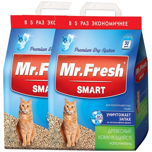 Наполнитель древесный комкующийся Mr. Fresh Smart для туалета короткошерстных кошек (9 + 9 л)