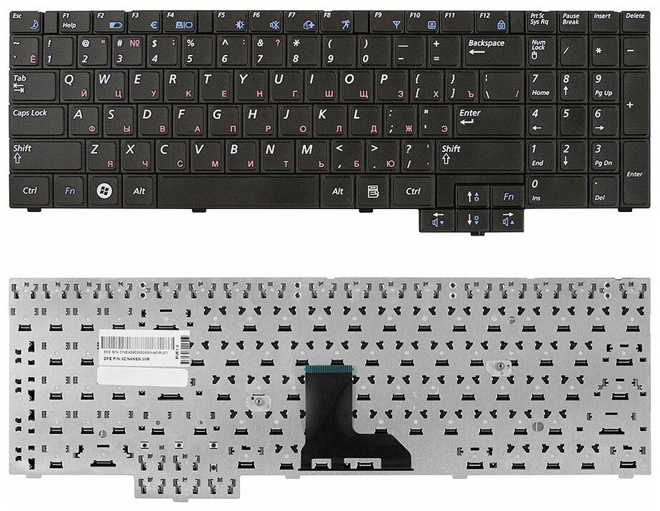 Клавиатура для ноутбука Samsung R525 R528 R530 Series Плоский Enter Черная без рамки PN BA59-02832C 565₽