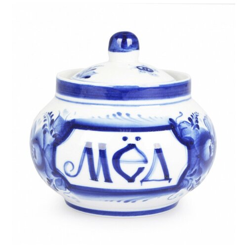 Банка, Горшочек для меда. Гжельская мануфактура. Гжельская роспись. Фарфор. 500 мл.