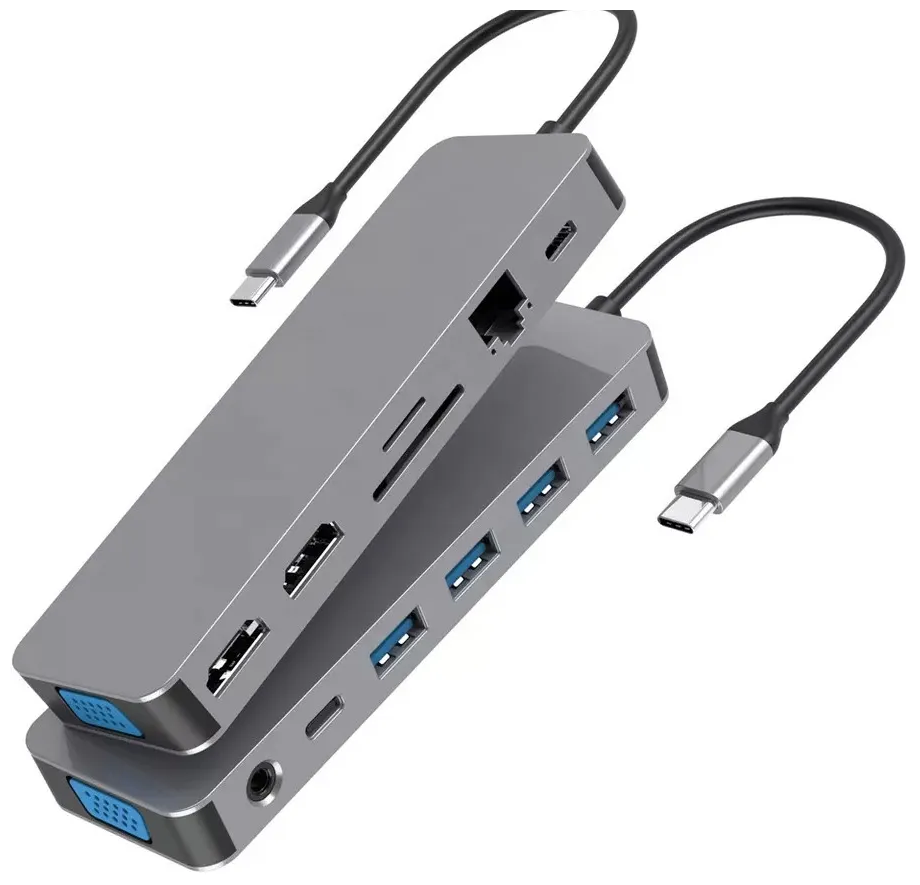 Адаптер/Хаб/Переходник/Концентратор USB-C HUB 13 в 1, 3xUSB 3.0, RJ45, HDMI 4K, VGA, SD Card 3.5MM audio port, PD Зарядка до 100W для MacBook Pro/Air