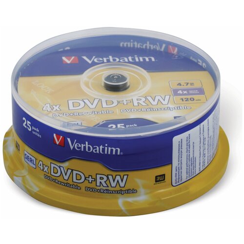 Диски DVD+RW (плюс) VERBATIM 4,7 Gb 4x, комплект 25 шт., Cake Box, 43489