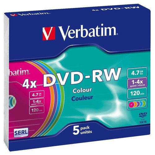 Диск DVD-RW Verbatim 4.7Gb 4x Slim case (5 штук), Color (43563) компакт диск для записи verbatim dvd rw 4 7gb 1 4x 120min упаковка из 5 штук