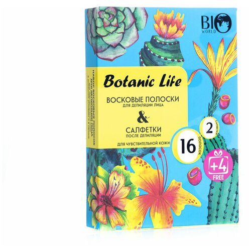 Набор для депиляции лица BIO WORLD Botanic Life для чувствительной кожи (восковые полоски 16шт (+4 шт акция) + саше с маслом после депиляции 2 шт)