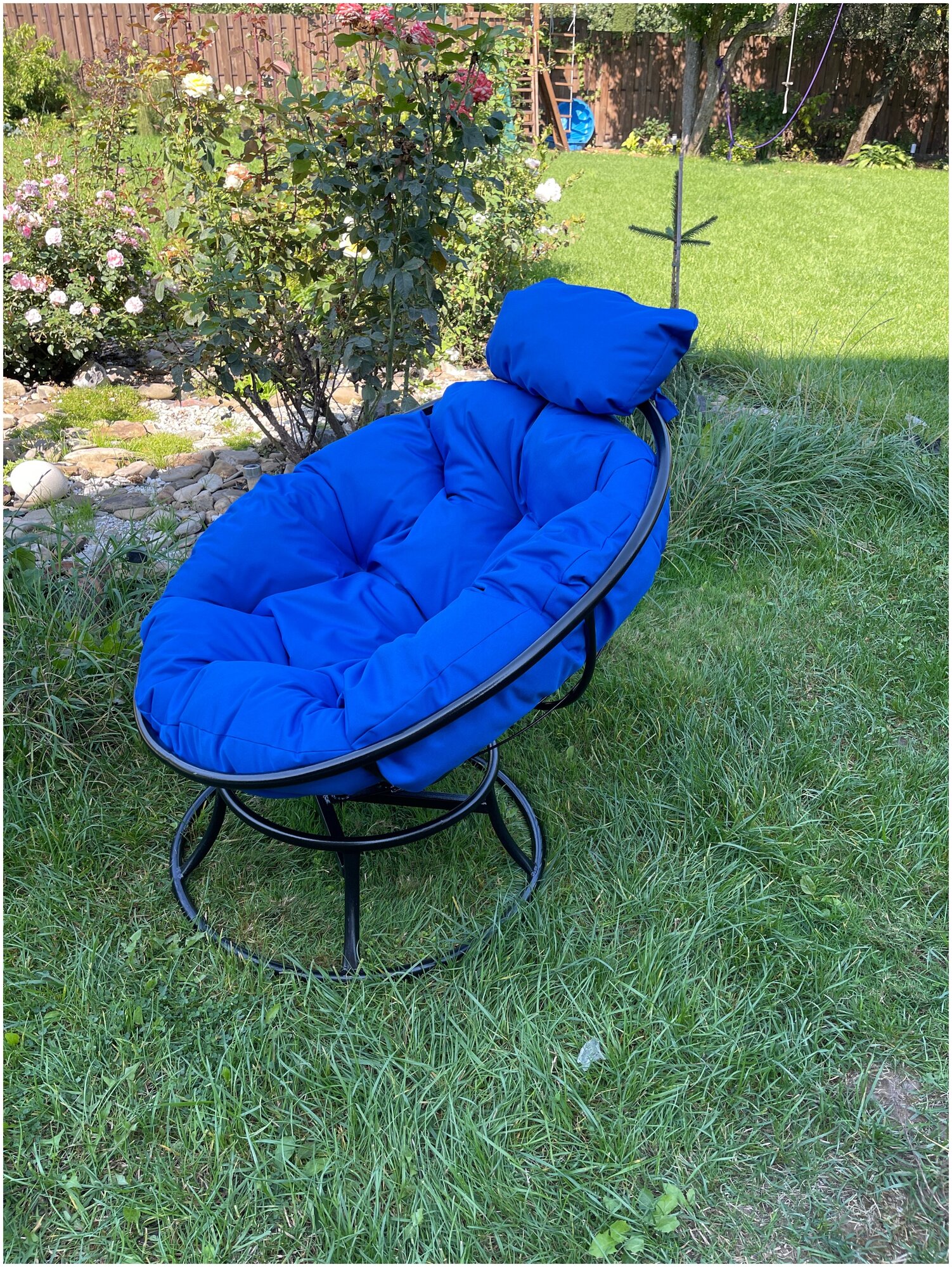 Кресло m-group папасан пружинка мини коричневое, синяя подушка - фотография № 9