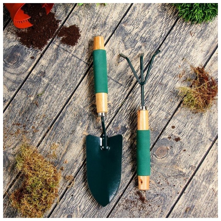 Набор садового инструмента, 2 предмета: совок, рыхлитель, длина 36 см, деревянные ручки с поролоном - фотография № 5