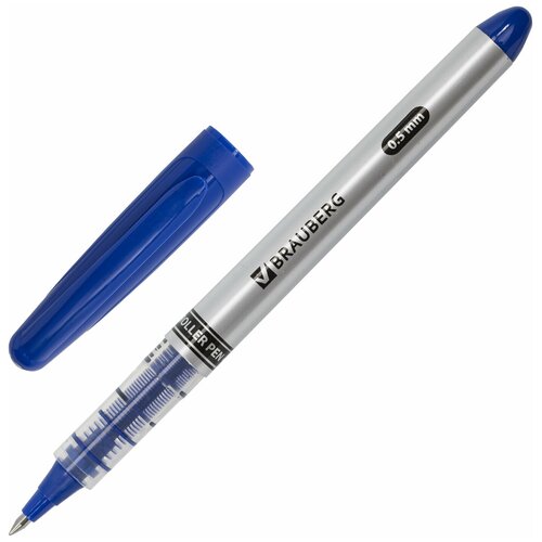 Ручка-роллер BRAUBERG Control, синяя, корпус серебристый, узел 0,5 мм, линия письма 0,3 мм, 141554