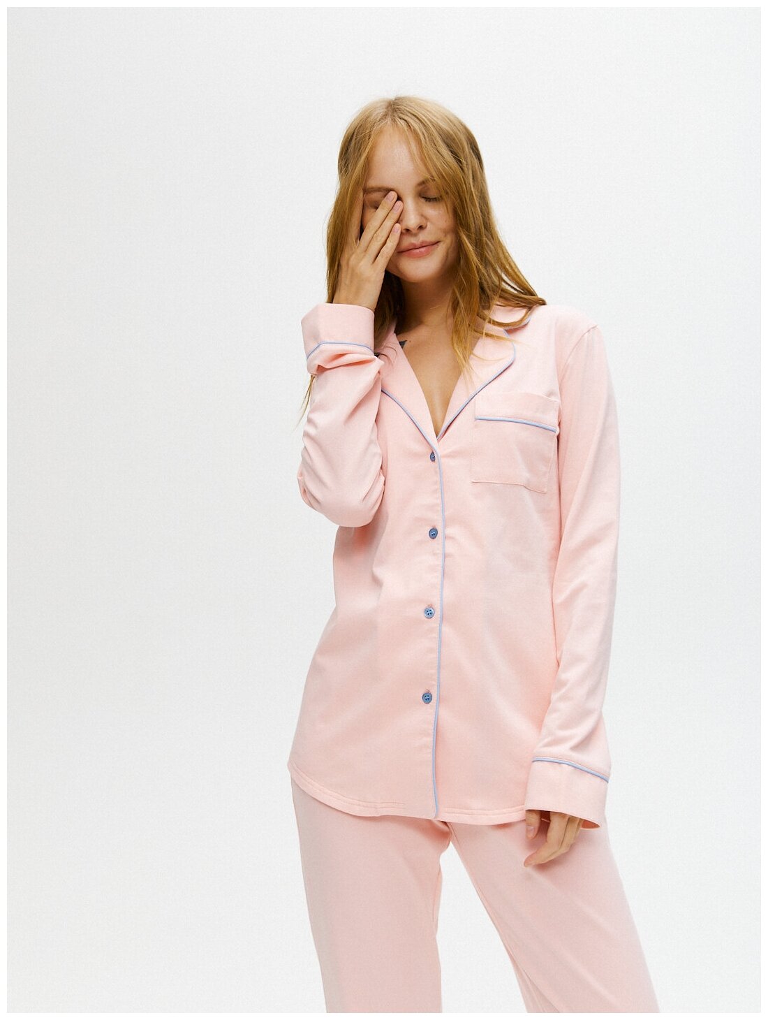 Пижама Ihomewear, рубашка, брюки, длинный рукав, трикотажная, размер S(158-164), розовый - фотография № 3