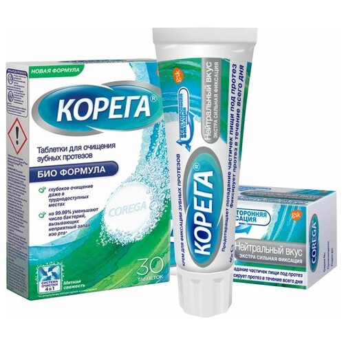 Купить Набор Корега для зубных протезов Таблетки для очистки 30 шт. + Крем для фиксации нейтральный 40 гр., Полоскание и уход за полостью рта