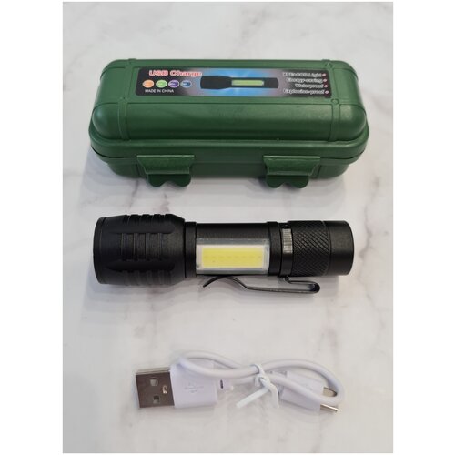 фото Фонарик светодиодный карманный аккумуляторный(зарядка micro usb) яркий с дополнительным источником света на рукоятке и зажимом yyc-535-t6