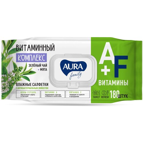 Aura Влажные салфетки Family Витаминный комплекс, 180 шт. aura derma protect влажные салфетки для всей семьи с антибактериальным эффектом алоэ 15 штук набор из 10 упаковок