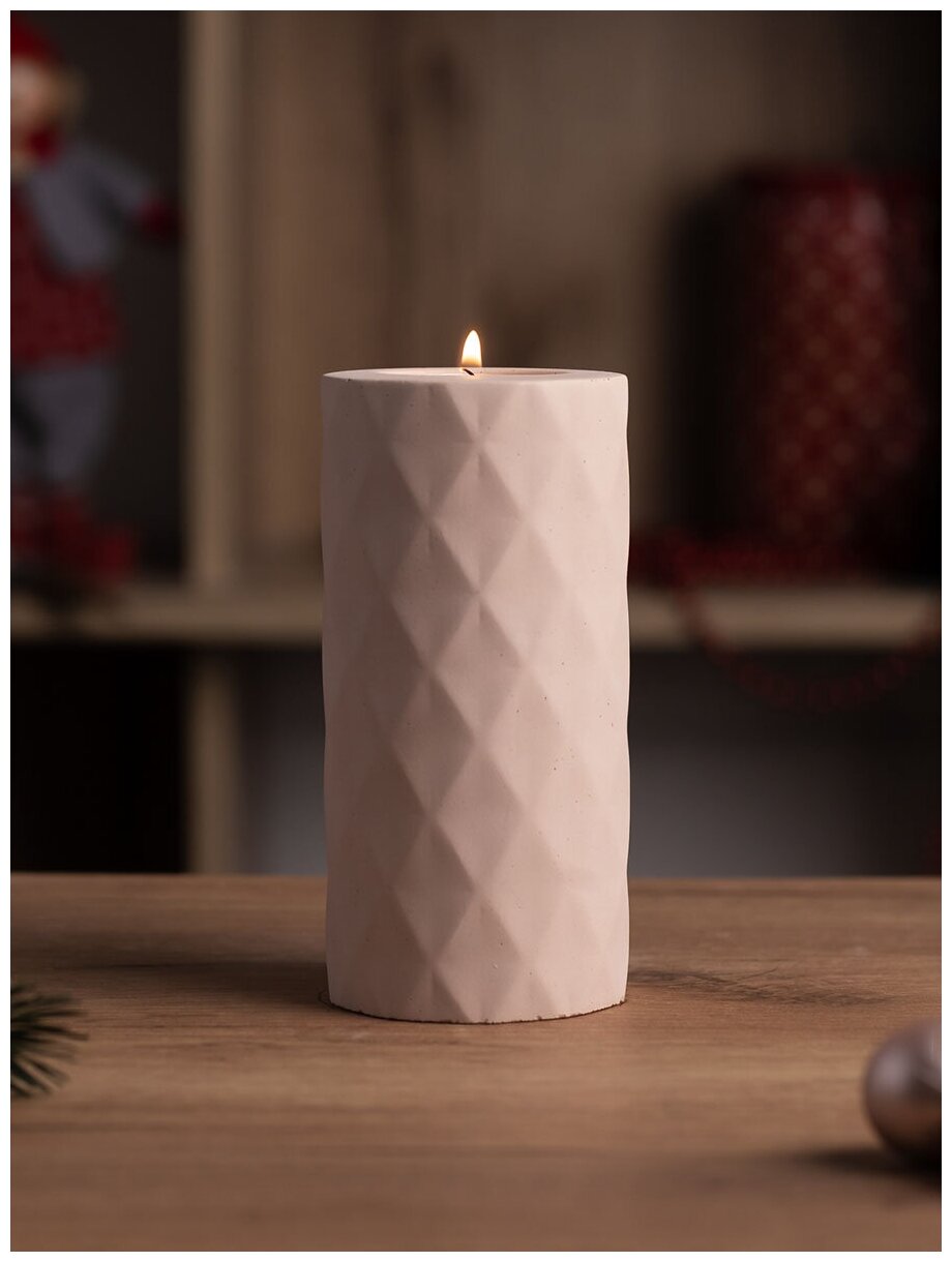 Декоративный подсвечник для чайной свечи Diamond L, 7x15 см, бетон, розовый матовый - фотография № 1