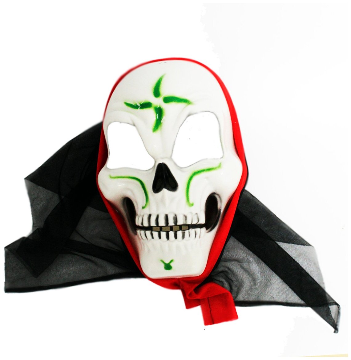 Страшная маска череп с капюшоном зеленый крест на лбу