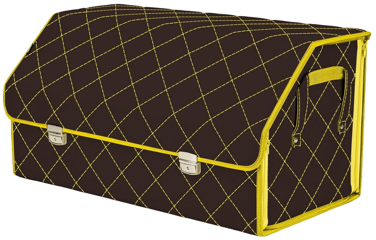Органайзер-саквояж в багажник "Союз Премиум" (размер XL Plus). Цвет: коричневый с желтой прострочкой Ромб.